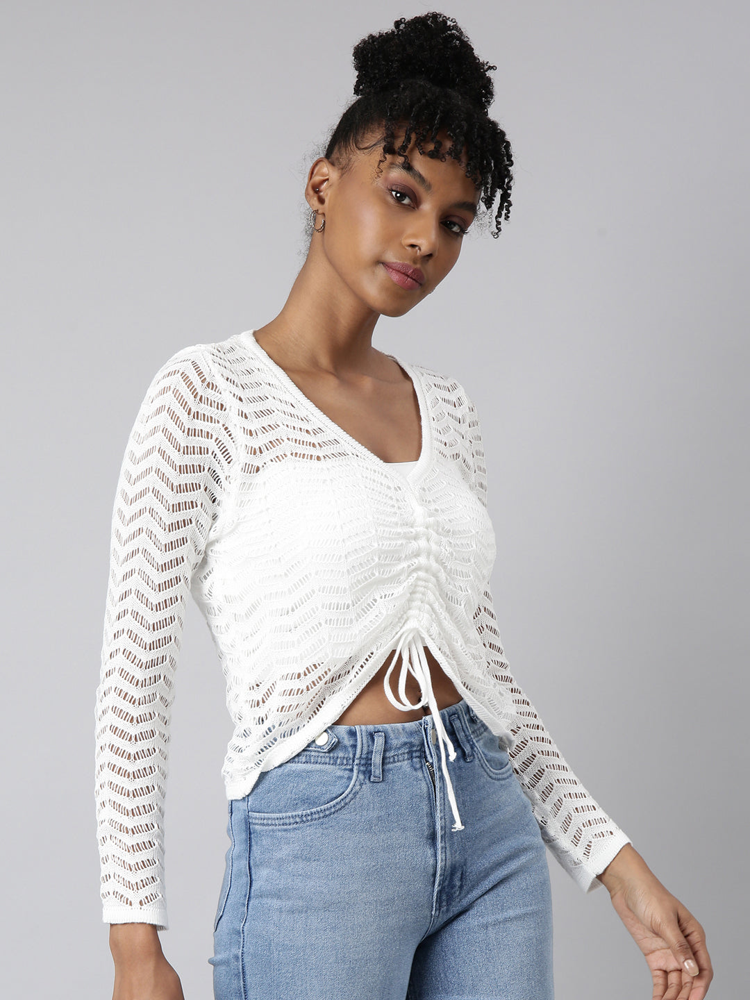Women White Solid Crochet Top