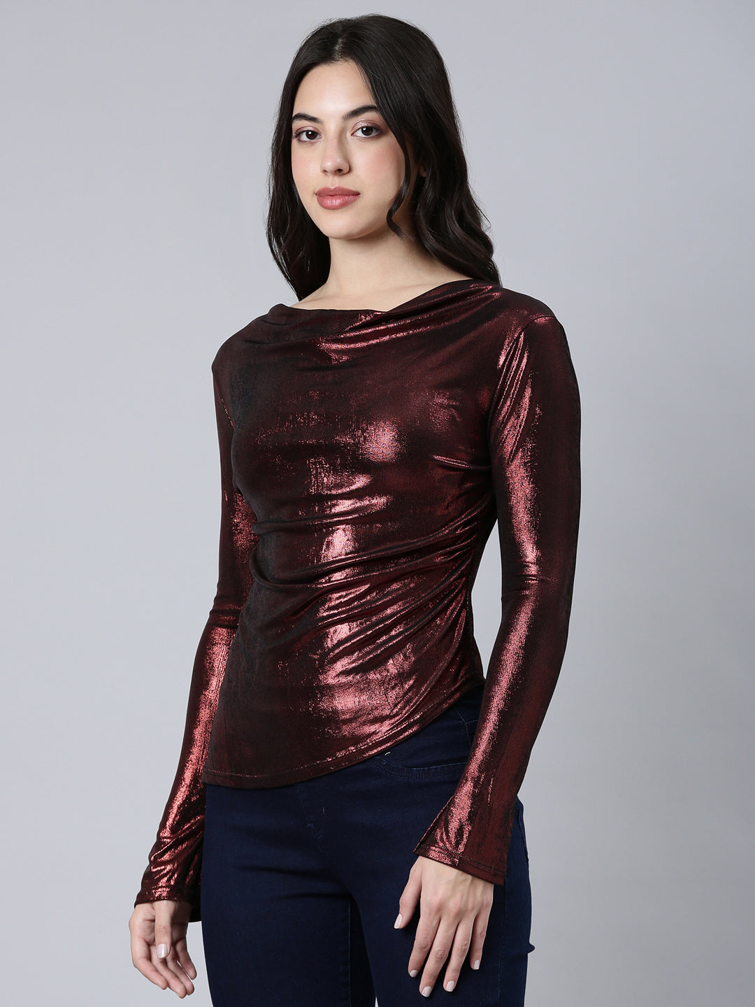 Women Solid Maroon Fitted Top