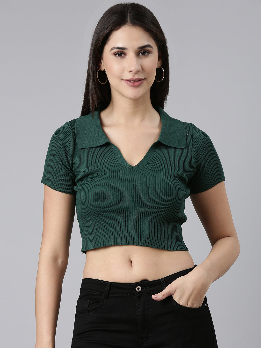 Above the Keyboard Collar Solid Green Crop Top