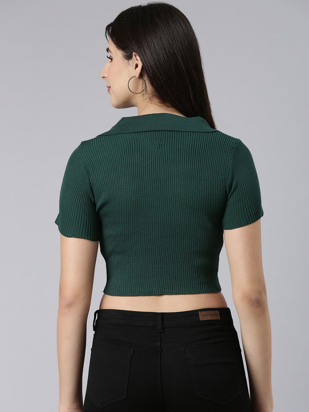 Above the Keyboard Collar Solid Green Crop Top