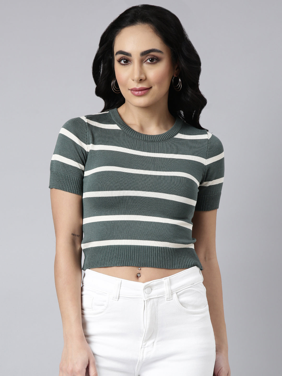 Women Green Horizontal Stripes Fitted Crop Top
