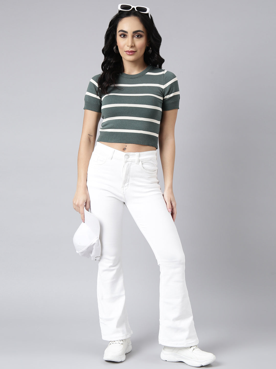 Women Green Horizontal Stripes Fitted Crop Top