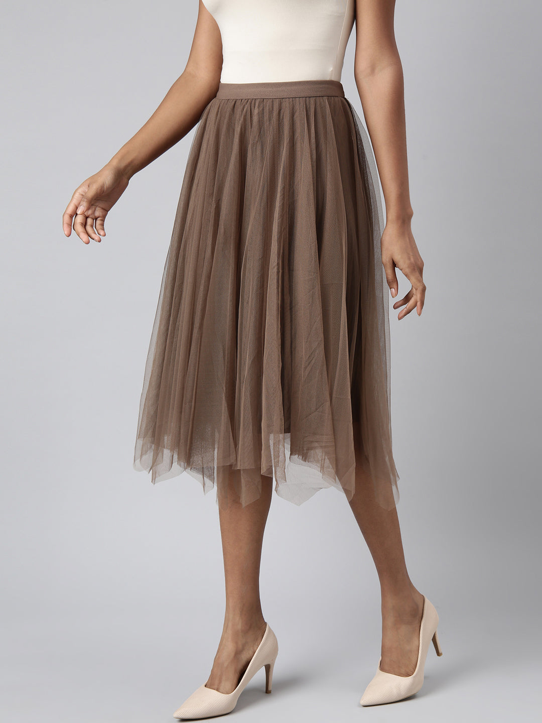 Women Flared Midi Brown Solid Skirt