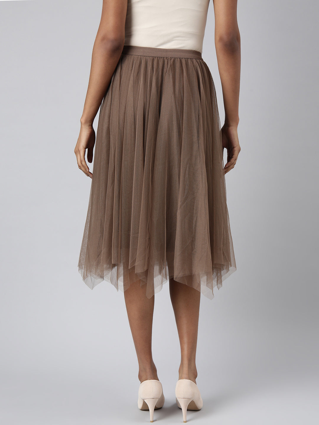 Women Flared Midi Brown Solid Skirt