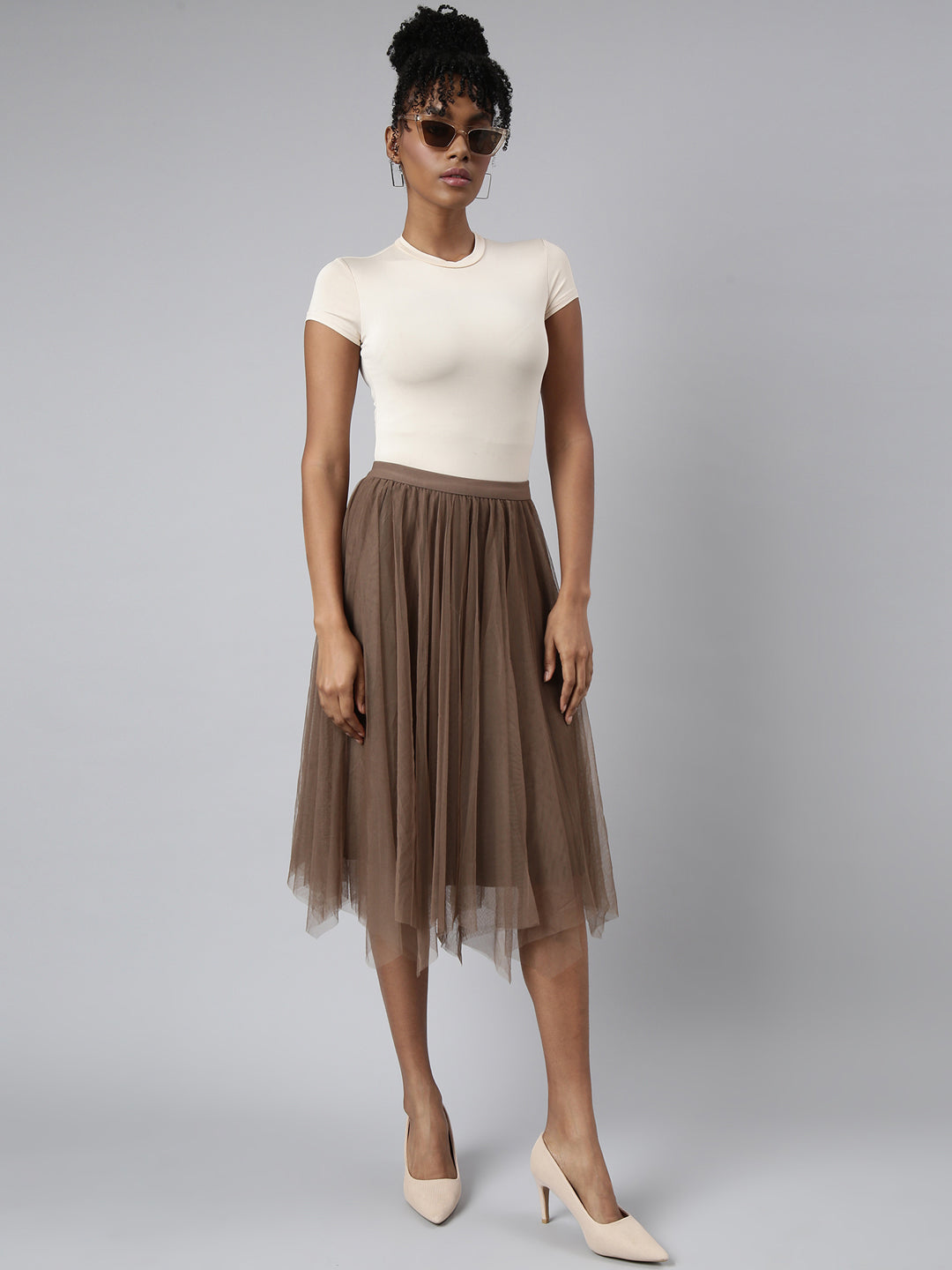Women Flared Midi Brown Solid Skirt