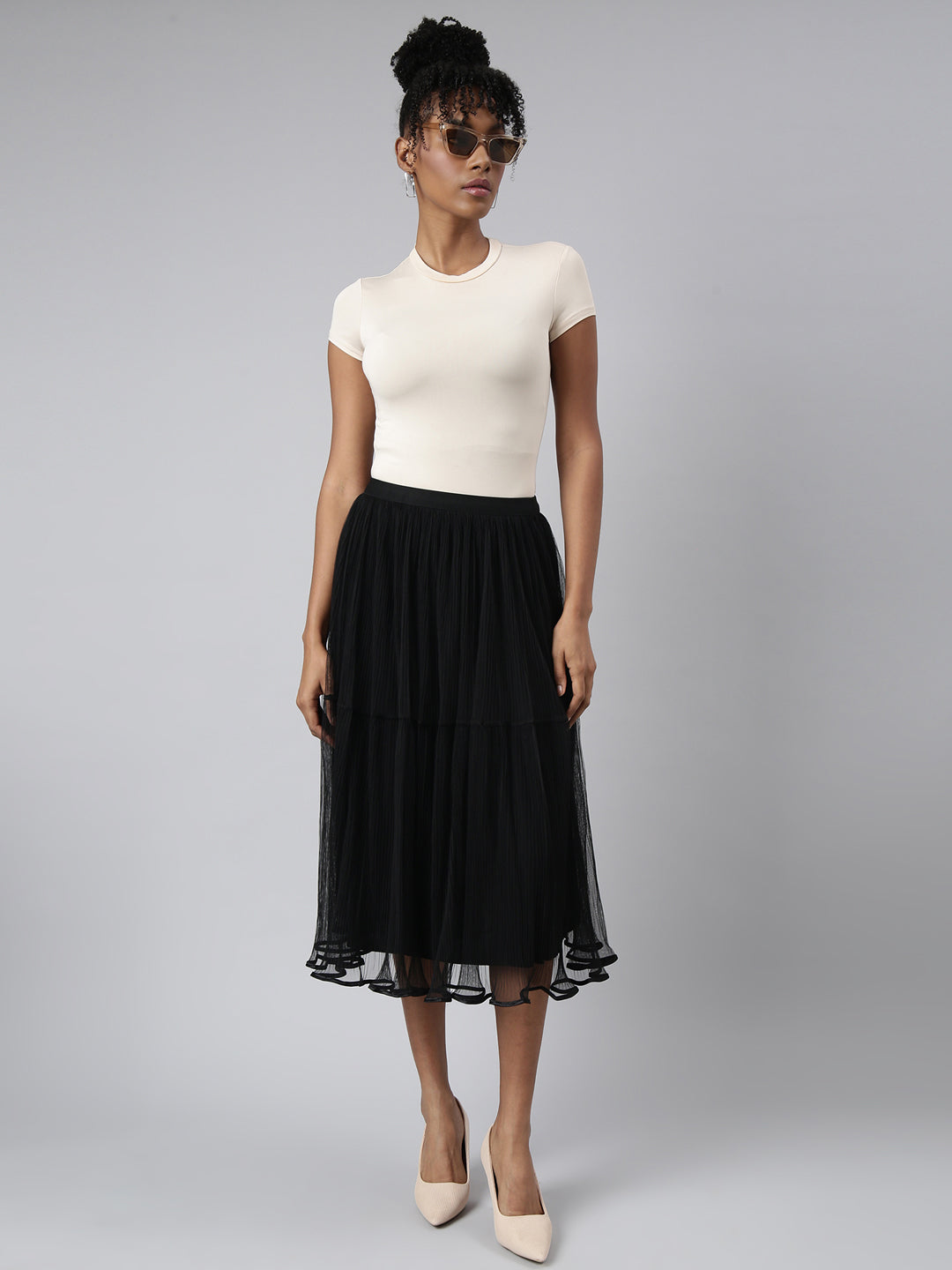 Women Tiered Midi Black Solid Skirt