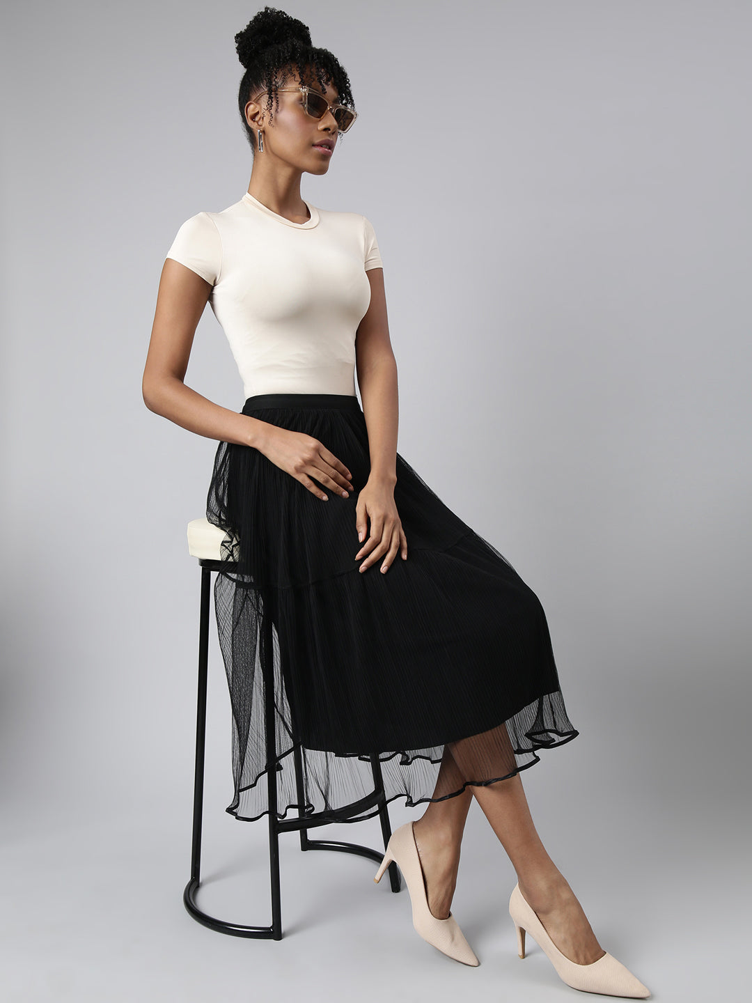 Women Tiered Midi Black Solid Skirt