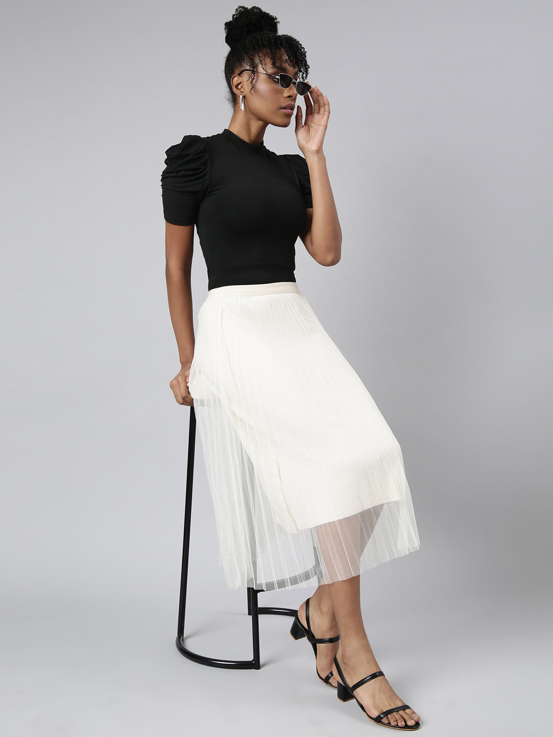 Women Tiered Midi Cream Solid Skirt