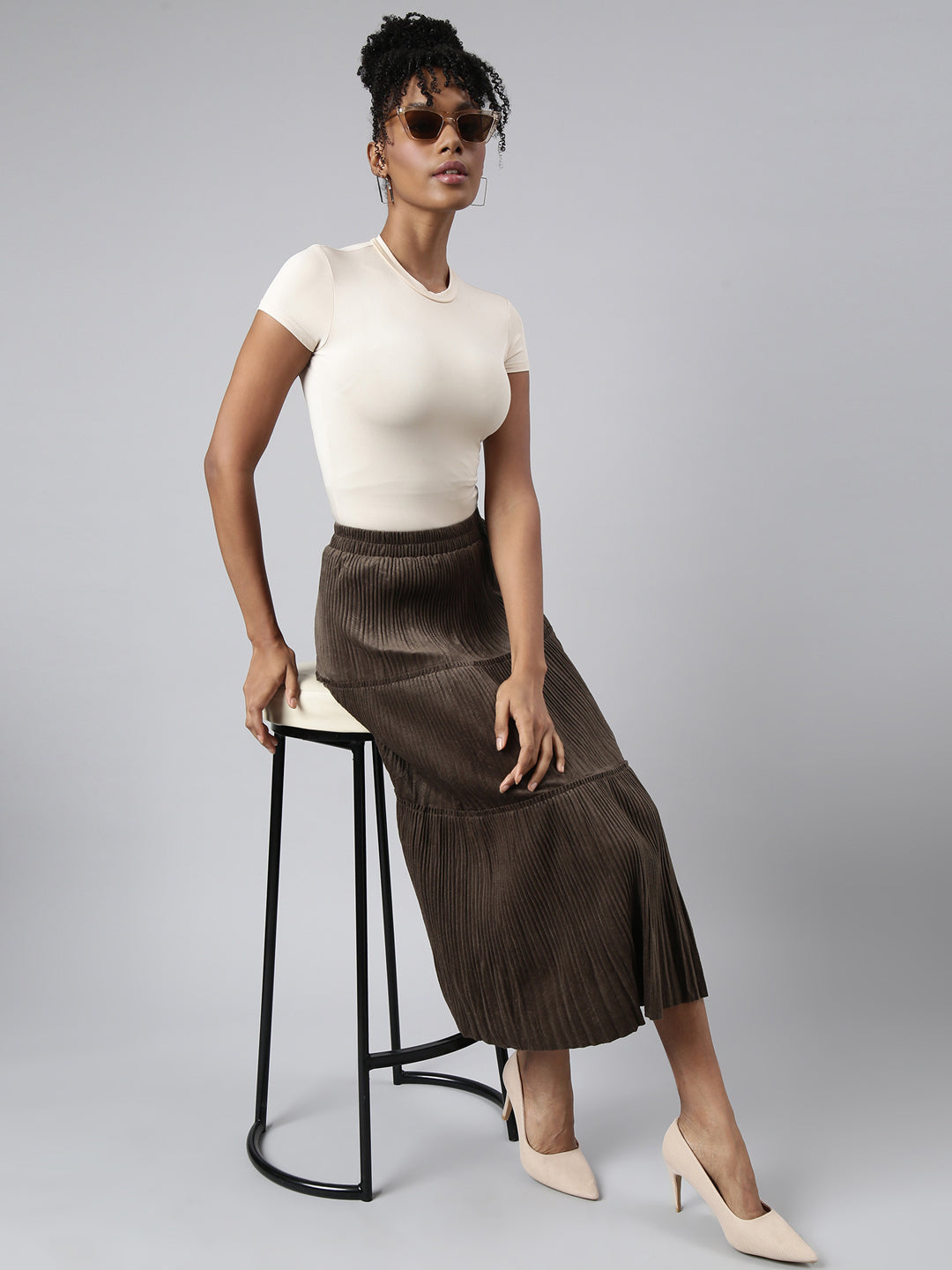 Women Tiered Midi Olive Solid Tiered Skirt