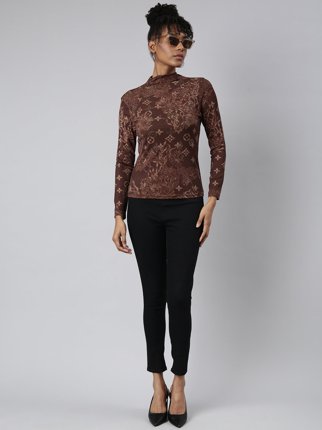 Women Brown Floral Fitted Top