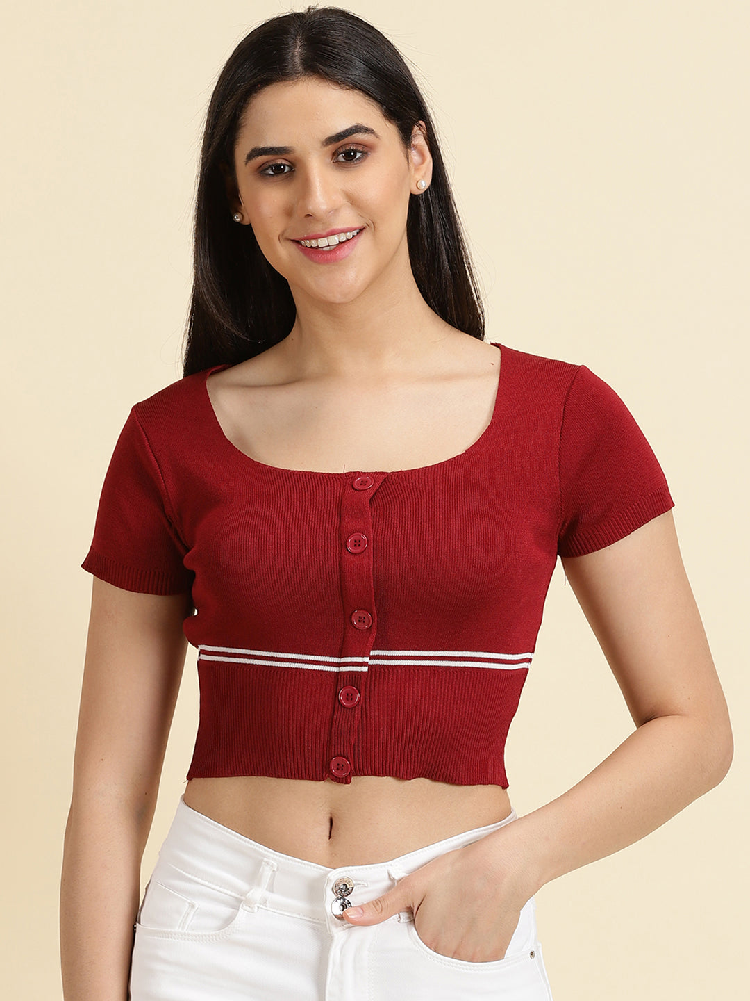 Women's Maroon Solid Fitted Crop Top