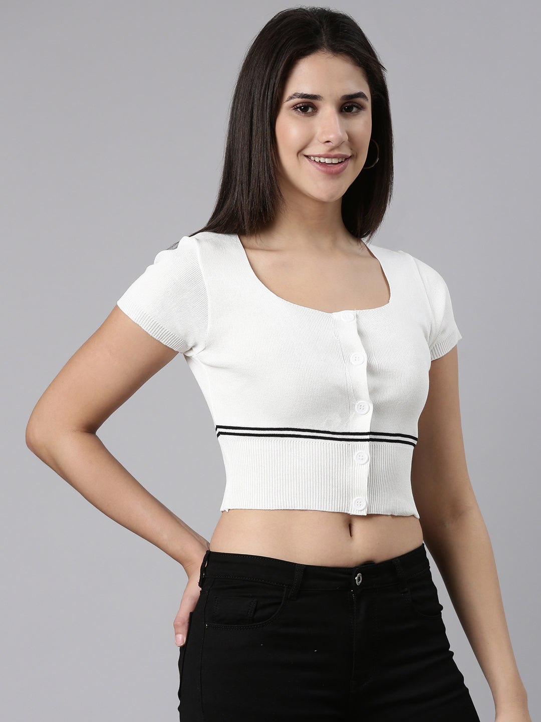 Scoop Neck Solid White Fitted Crop Top