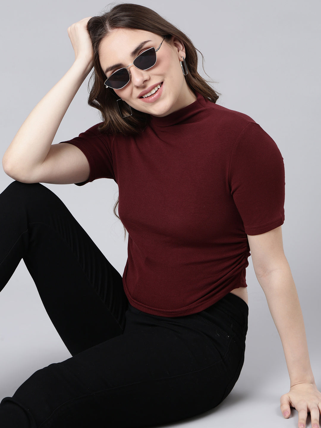 Women Maroon Solid Fitted Top