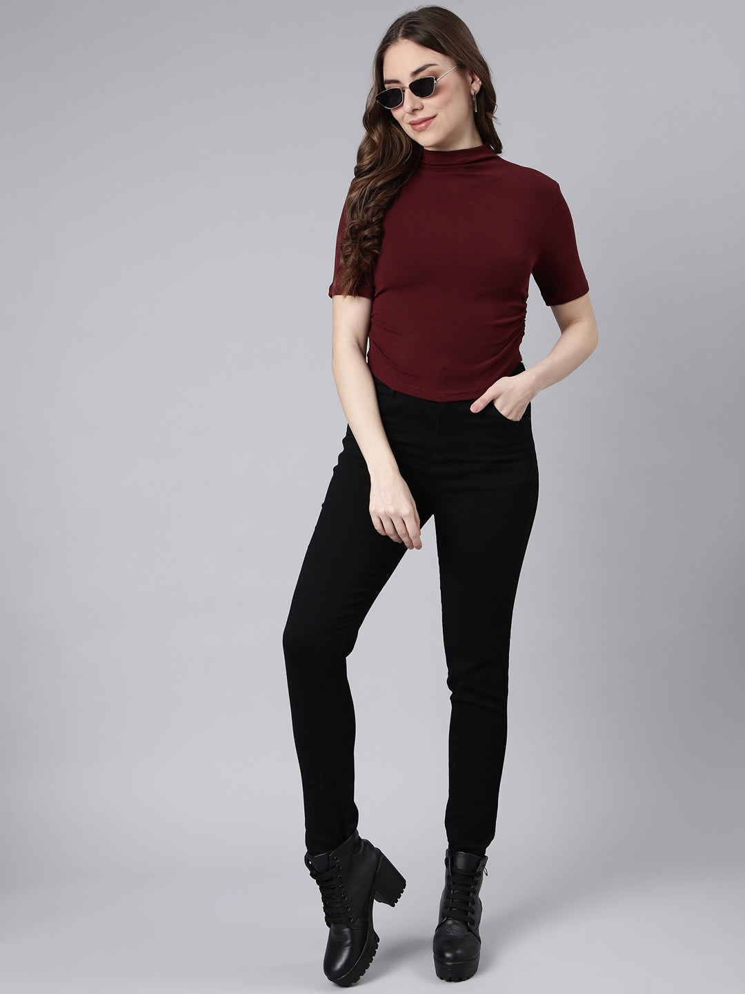 Women Maroon Solid Fitted Top