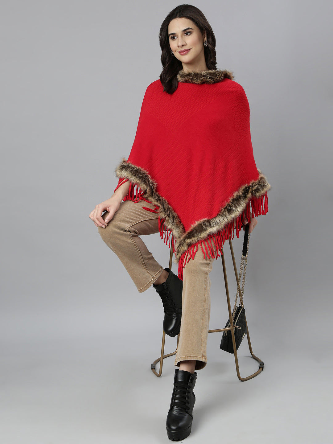 Women Self Design Longline Red Poncho