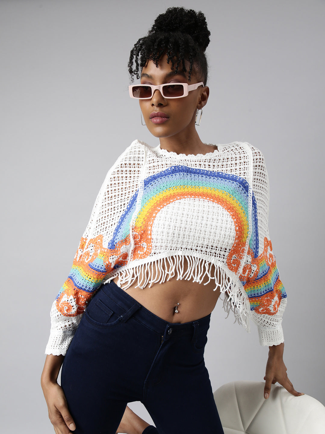 Women Self Design White Cape Crop Crochet Top