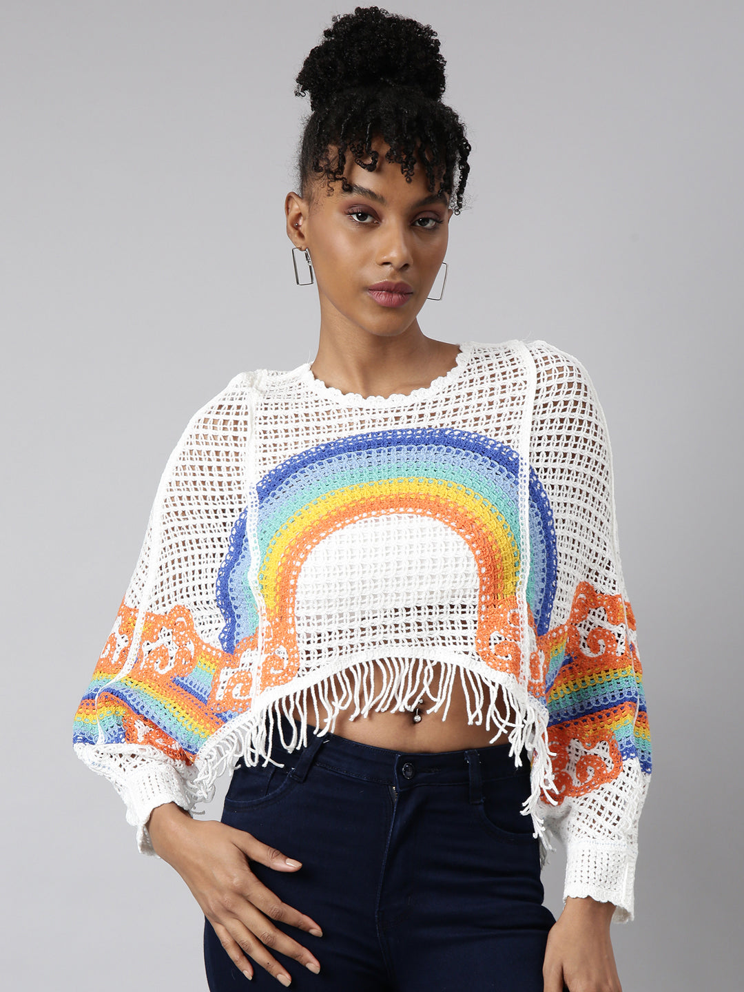 Women Self Design White Cape Crop Crochet Top