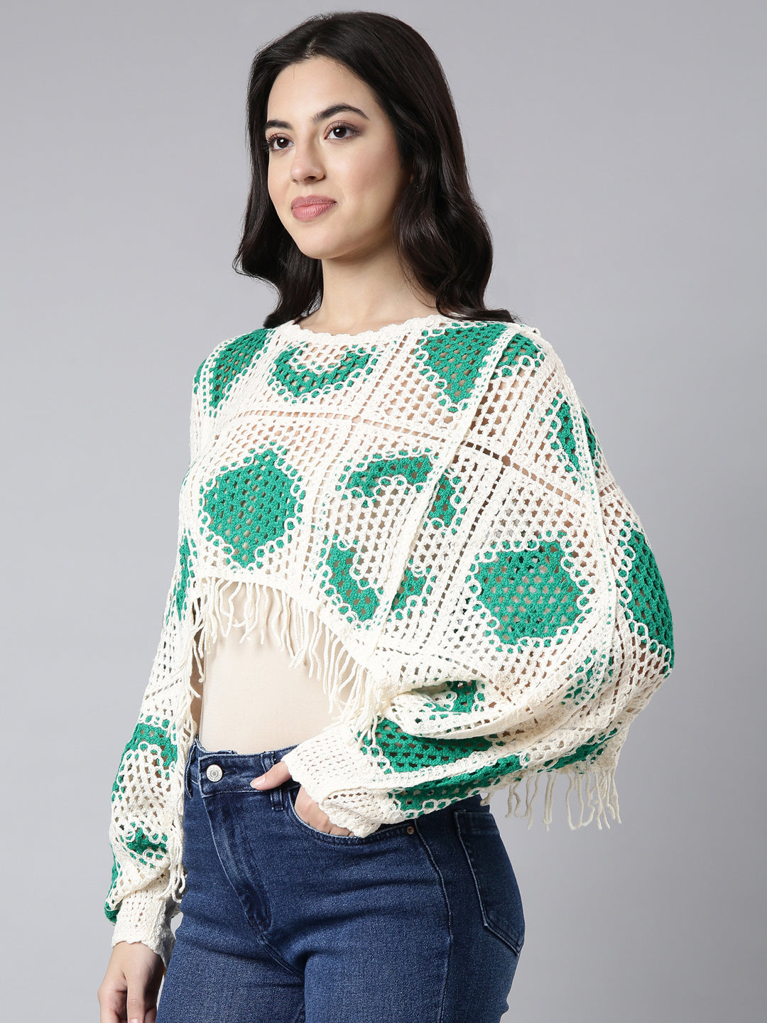 Women Self Design Cream Cape Crop Crochet Top