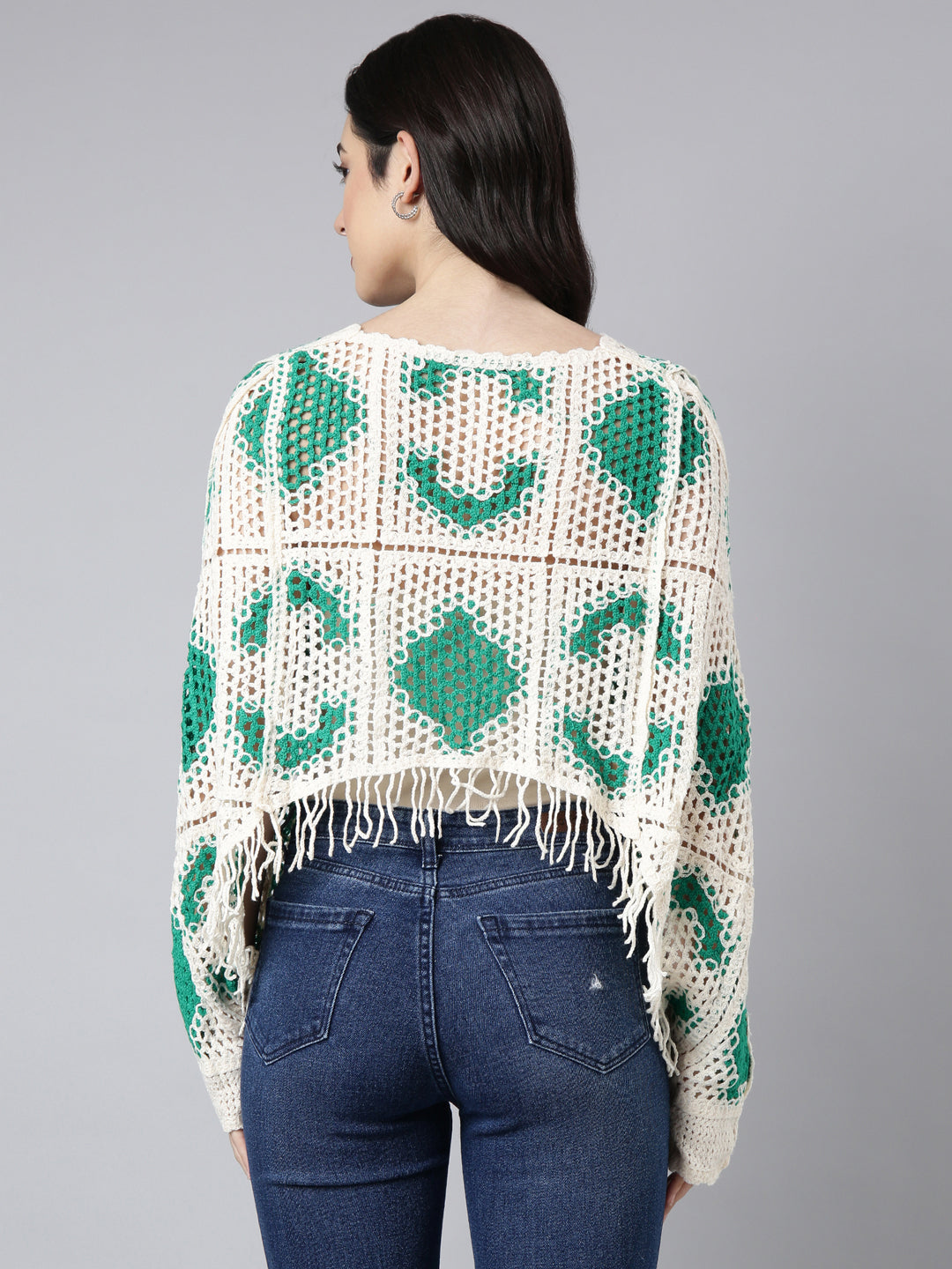 Women Self Design Cream Cape Crop Crochet Top