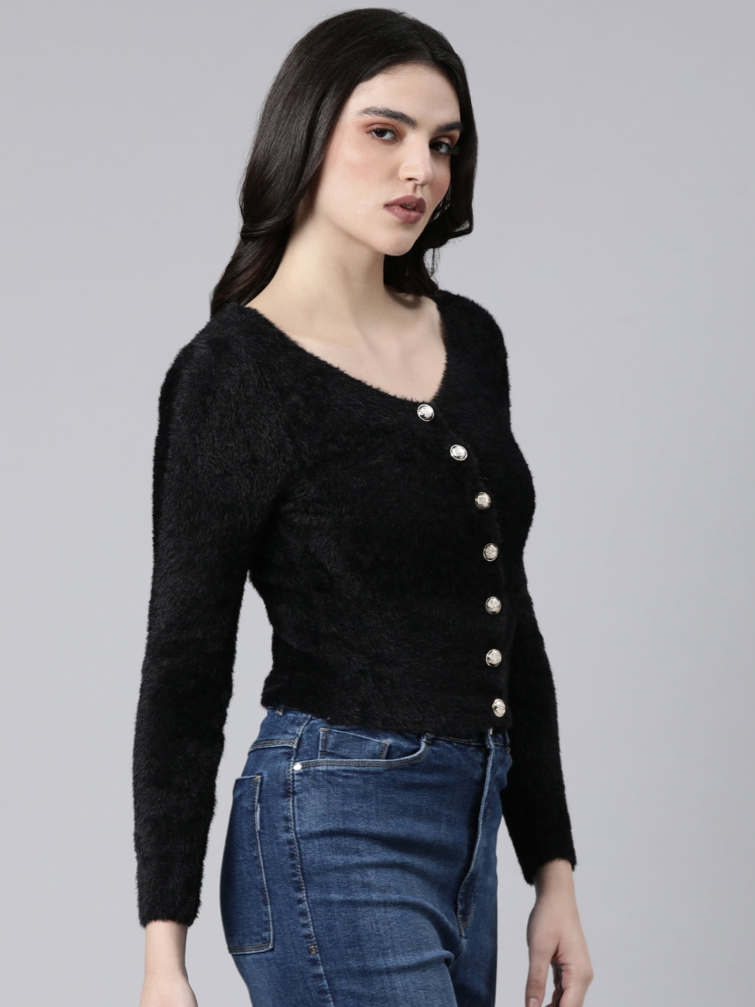 Women Solid Crop Black Cardigan