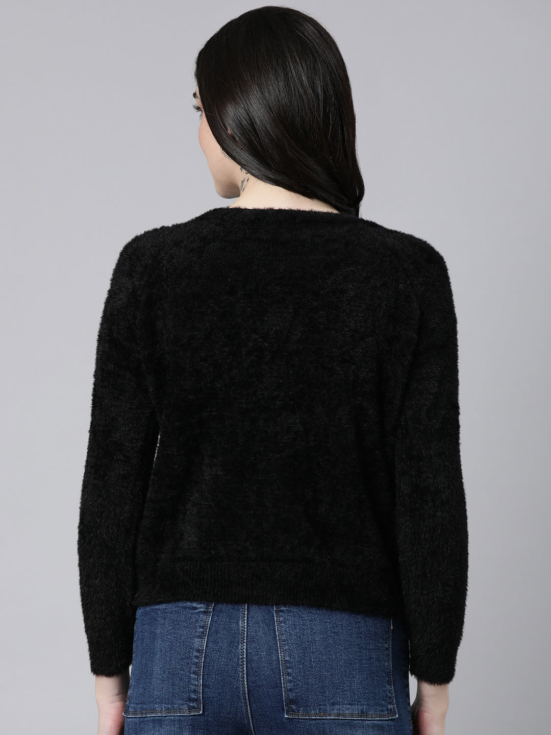 Women Solid Crop Black Cardigan