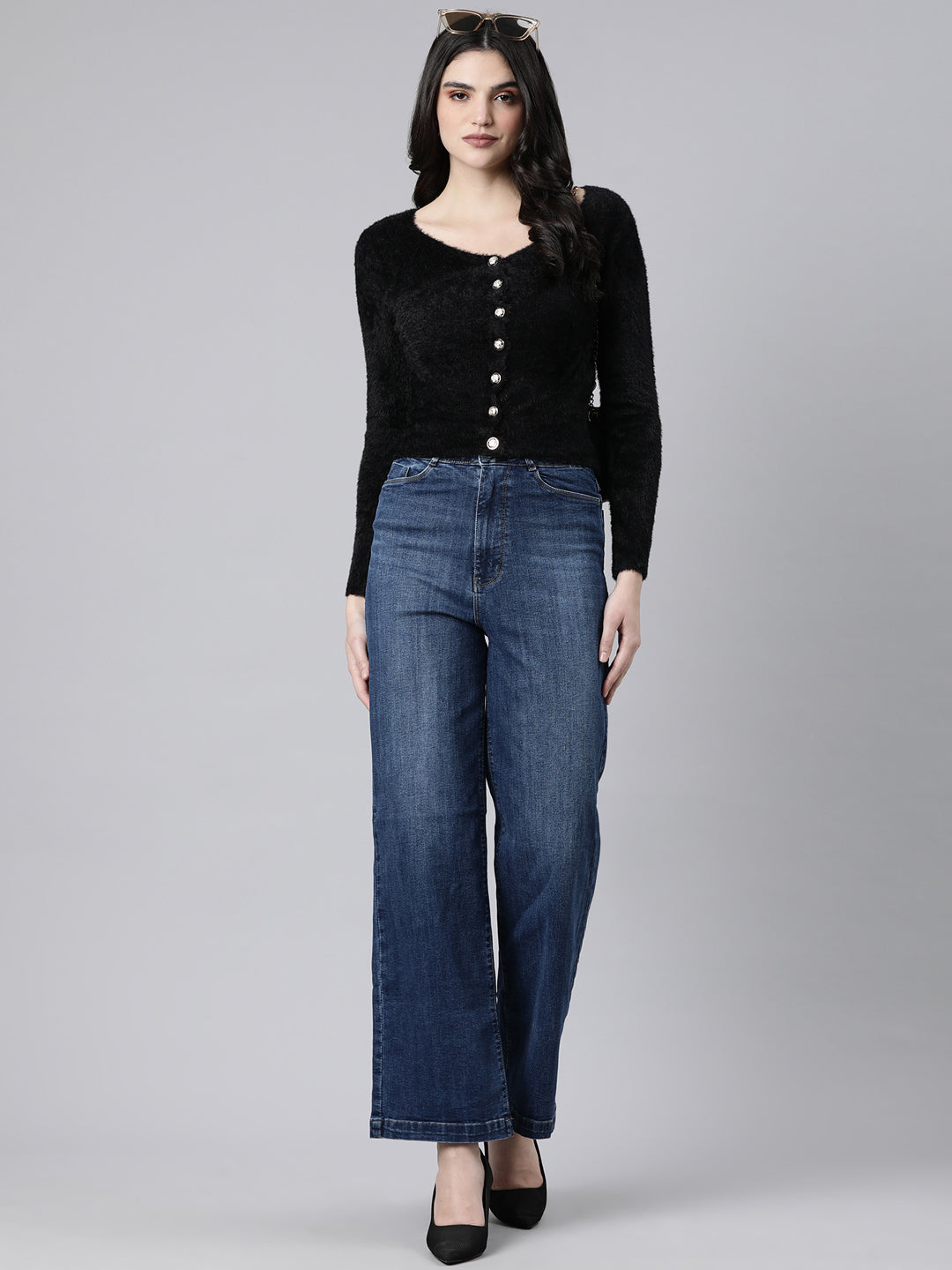 Women Solid Crop Black Cardigan