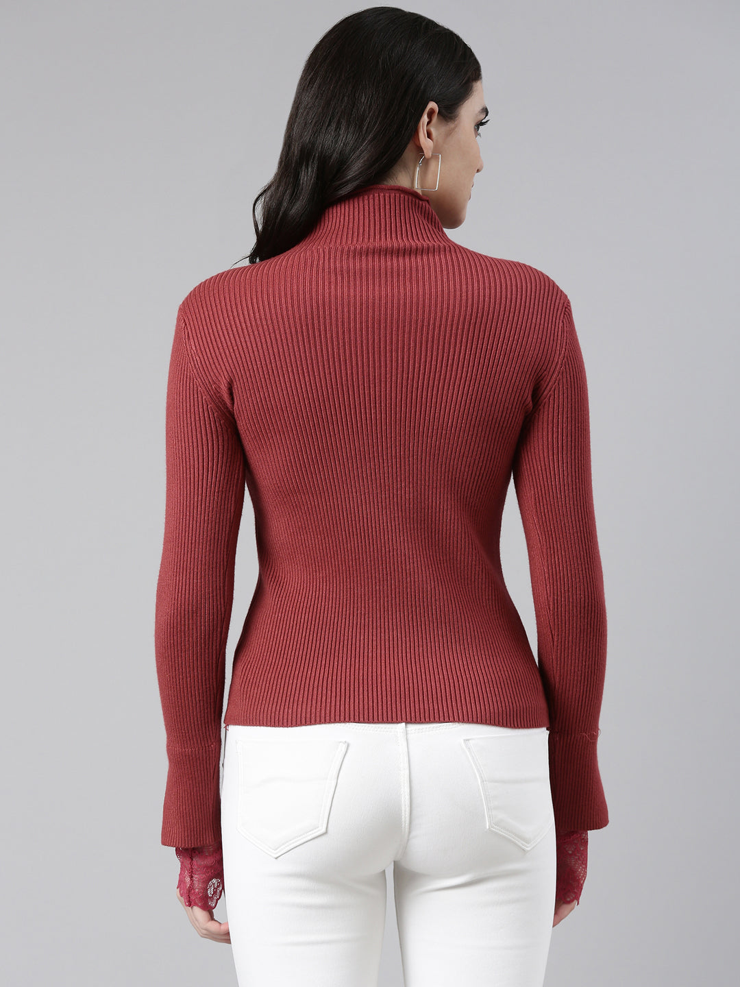 High Neck Solid Regular Sleeves Fitted Rust Top