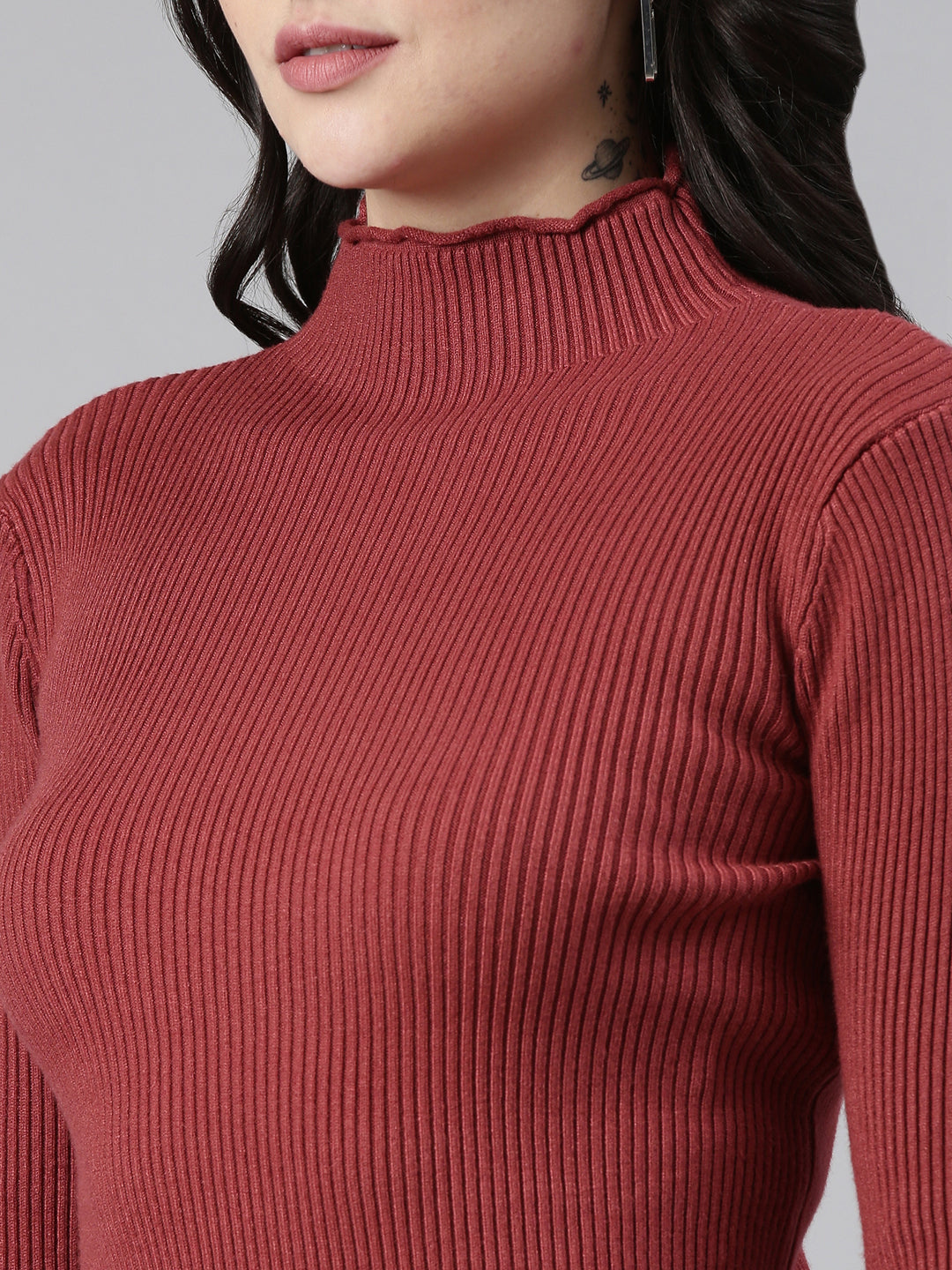 High Neck Solid Regular Sleeves Fitted Rust Top