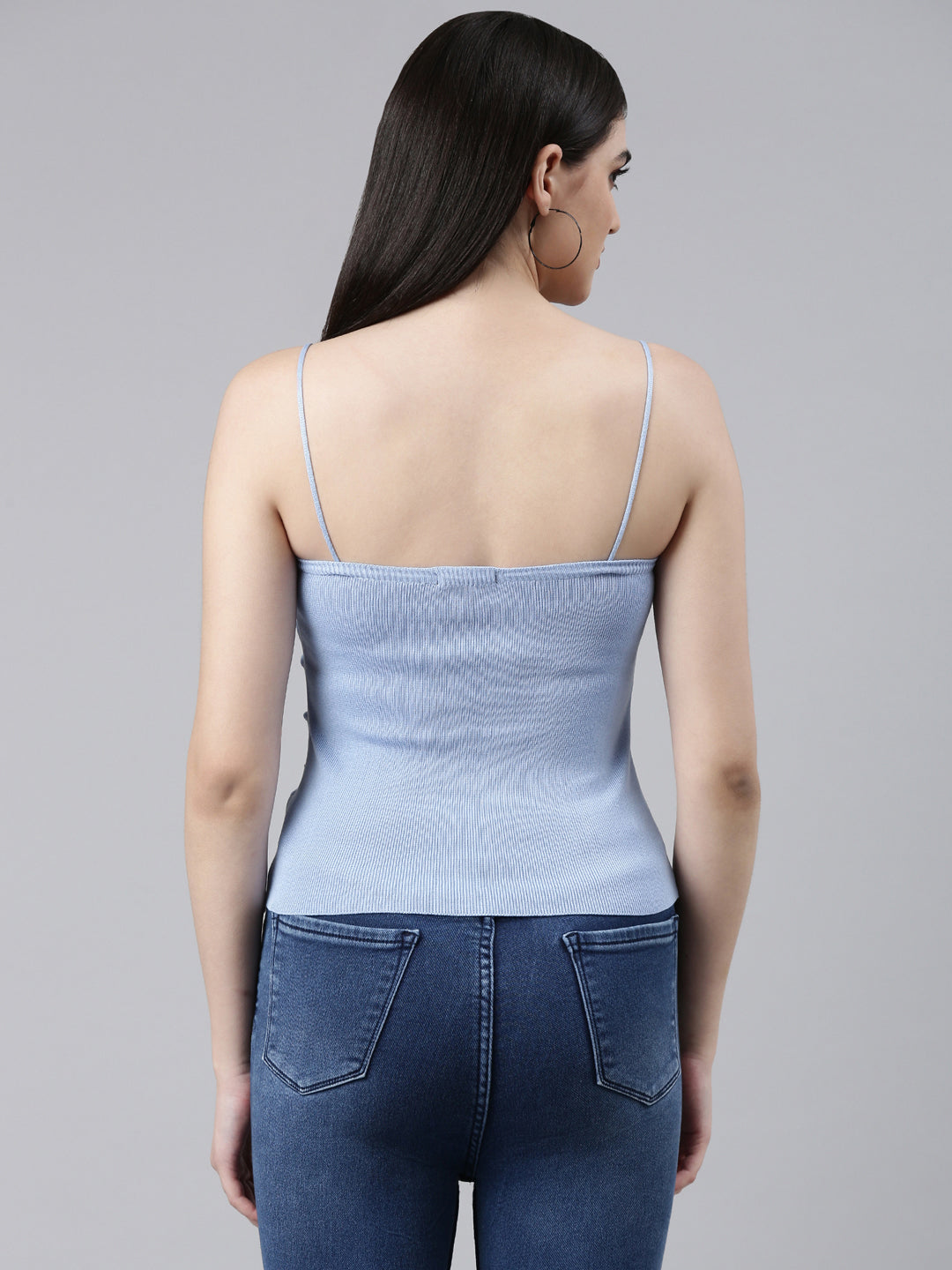 Shoulder Straps Solid Blue Fitted Regular Top