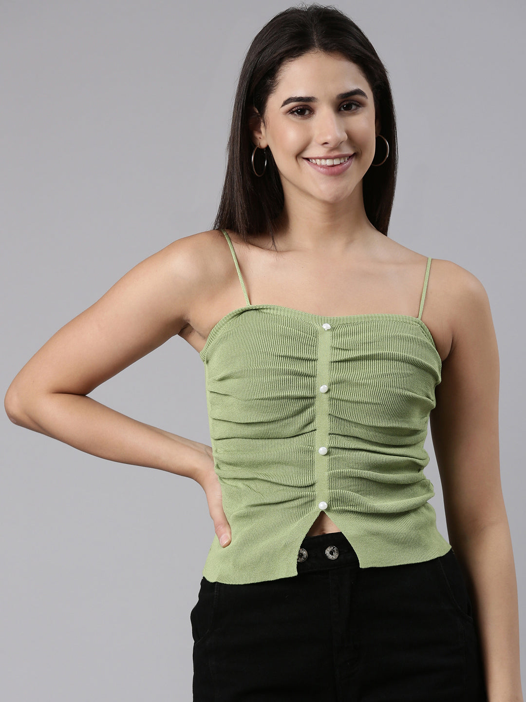 Shoulder Straps Solid Green Fitted Regular Top