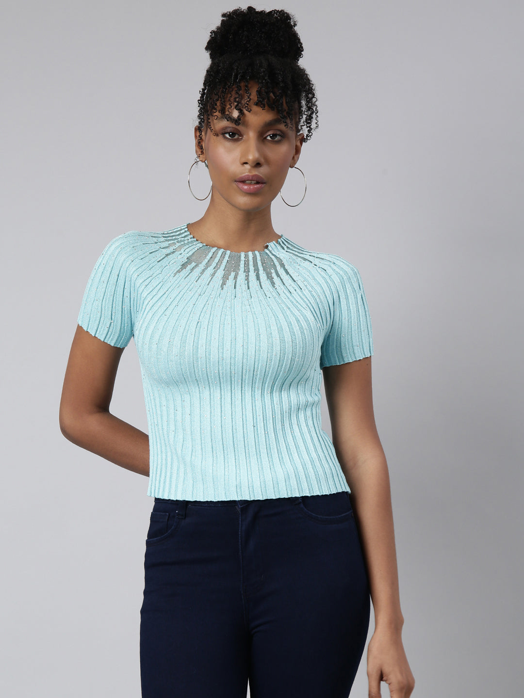 Women Turquoise Blue Self Design Fitted Crop Top