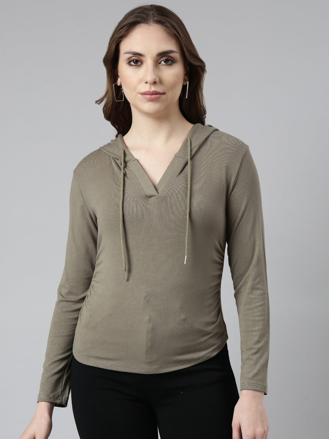 Women Olive Solid Pullover Sweatshirt