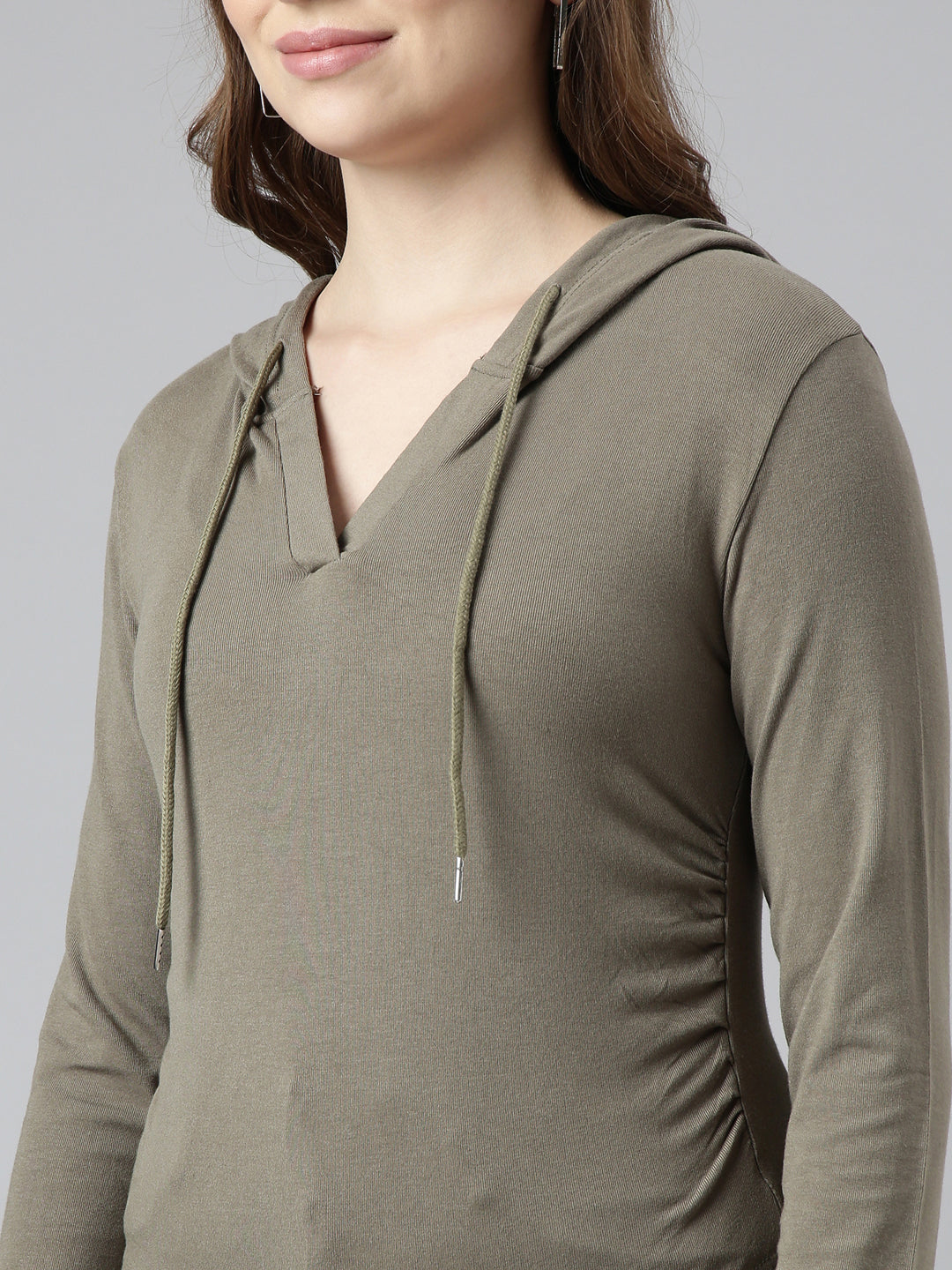 Women Olive Solid Pullover Sweatshirt