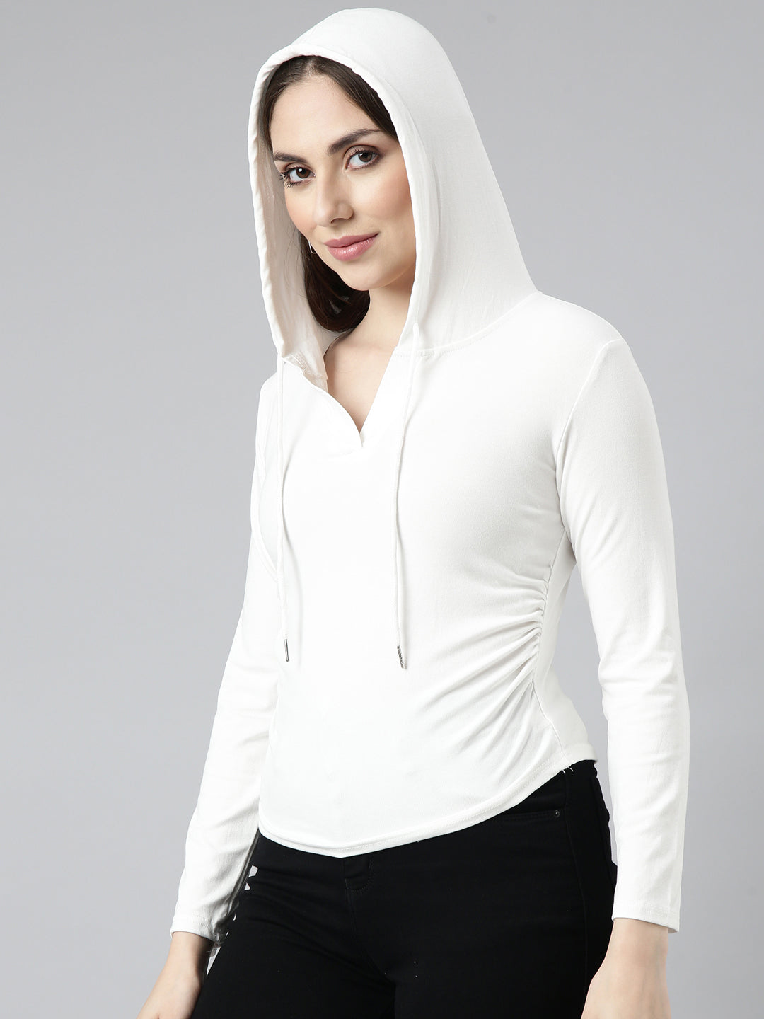 Women White Solid Pullover Sweatshirt