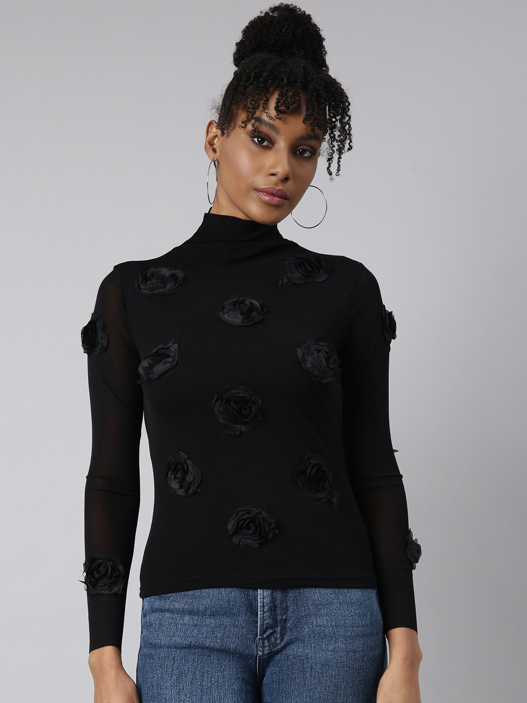 Women Black Embellished Fitted Top