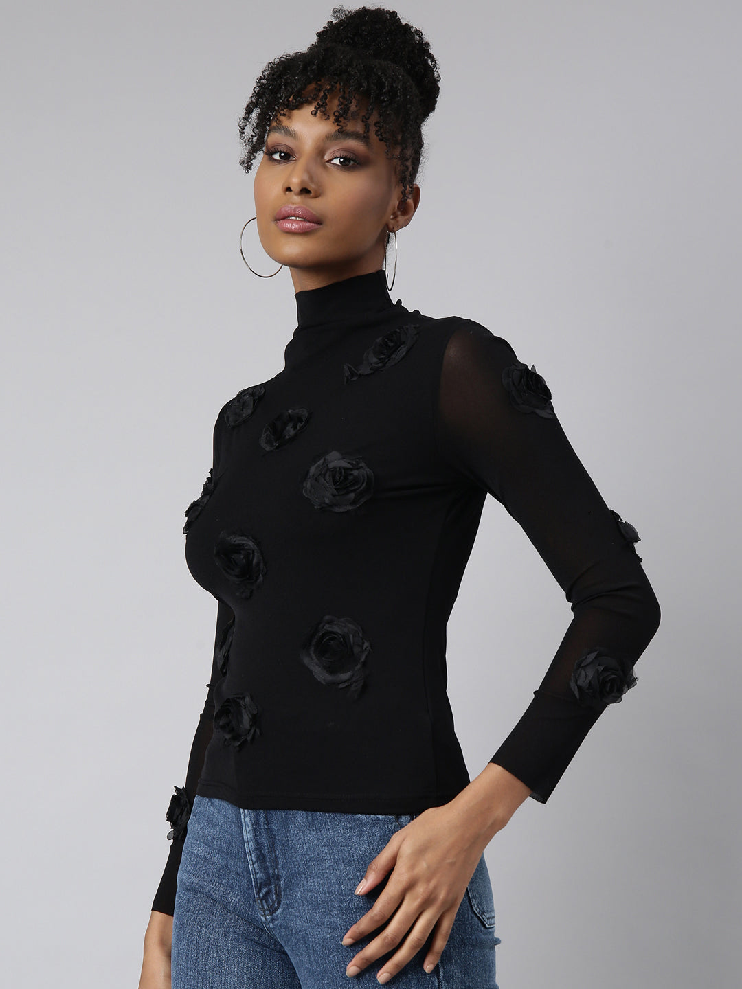 Women Black Embellished Fitted Top