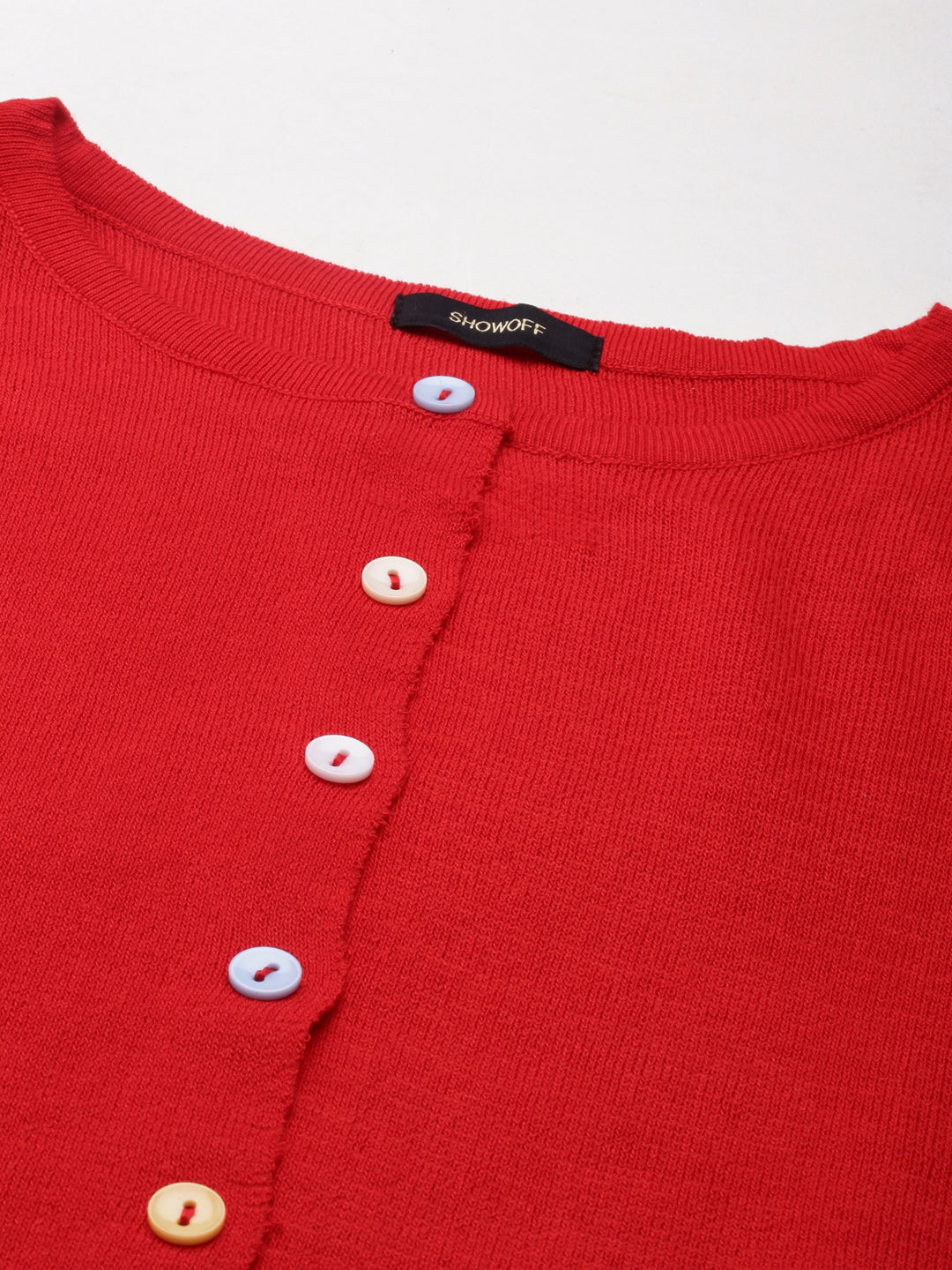 Women Red Solid Front-Open Crop Sweater