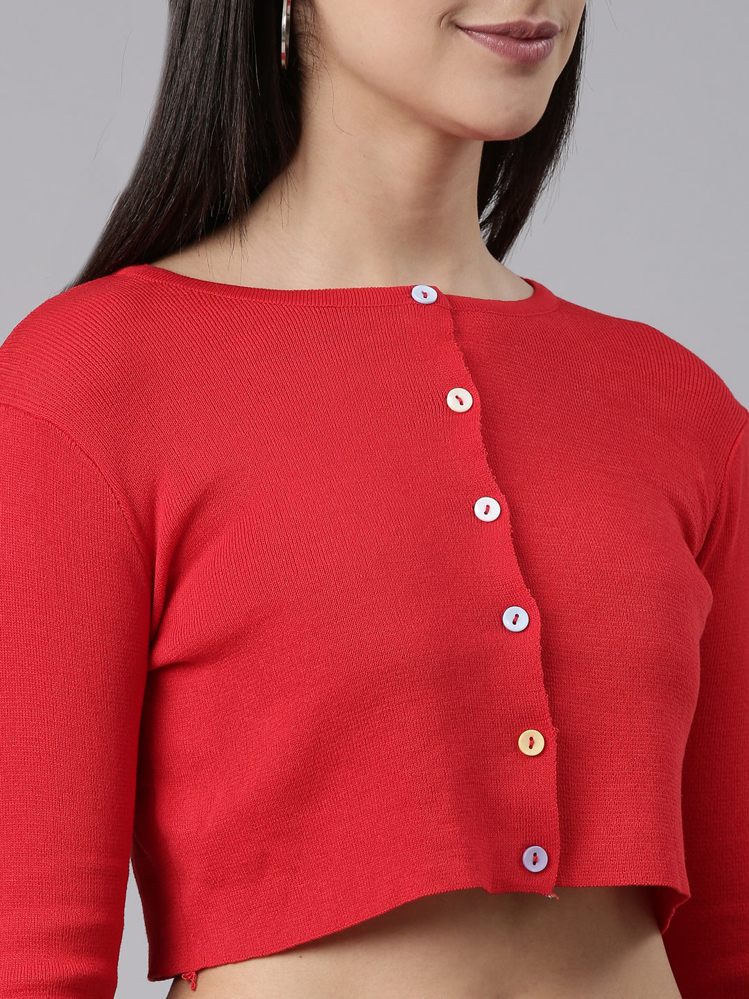 Women Red Solid Front-Open Crop Sweater