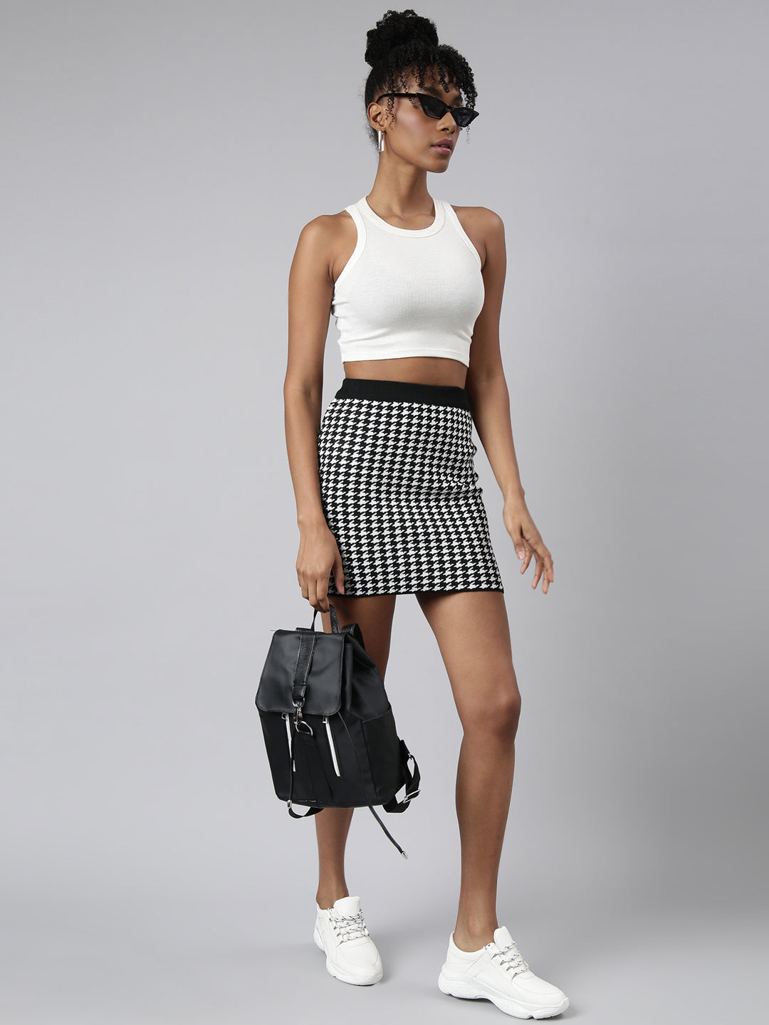Women Pencil Mini Black Self Design Abstract Skirt