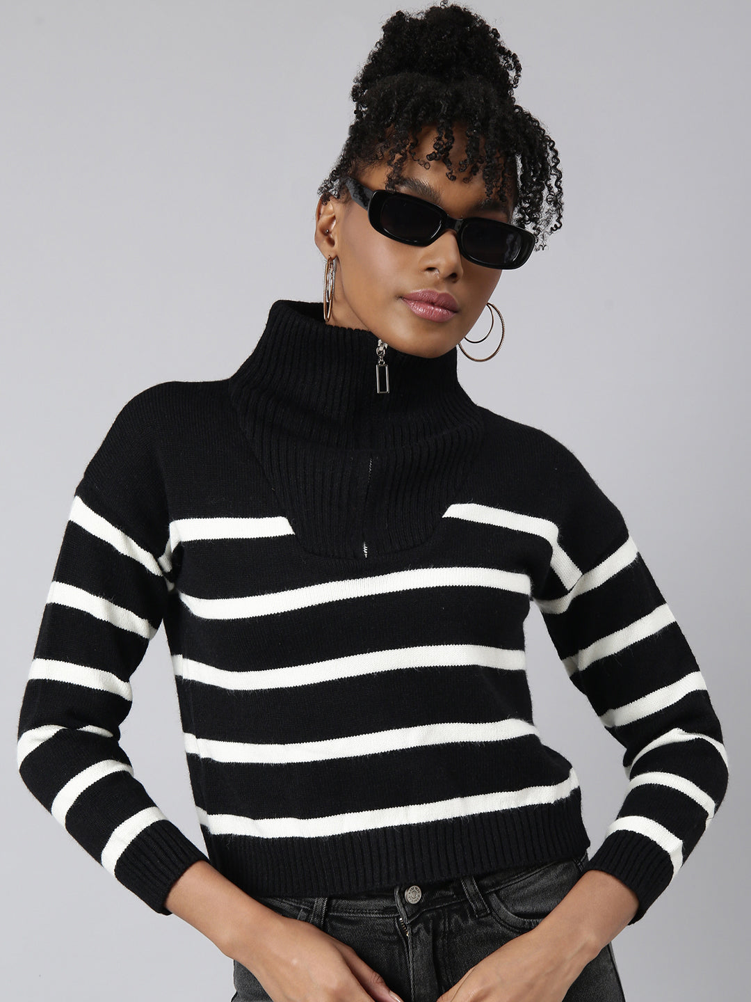 Women Black Horizontal Stripes Top