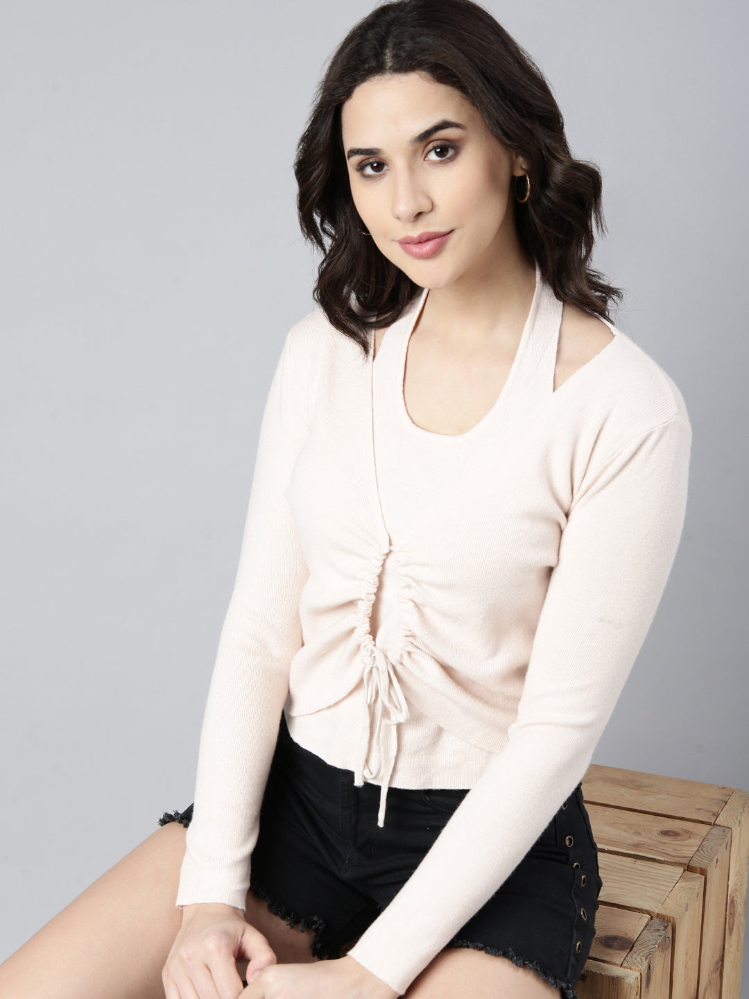 Women Solid Peach Ruched Top