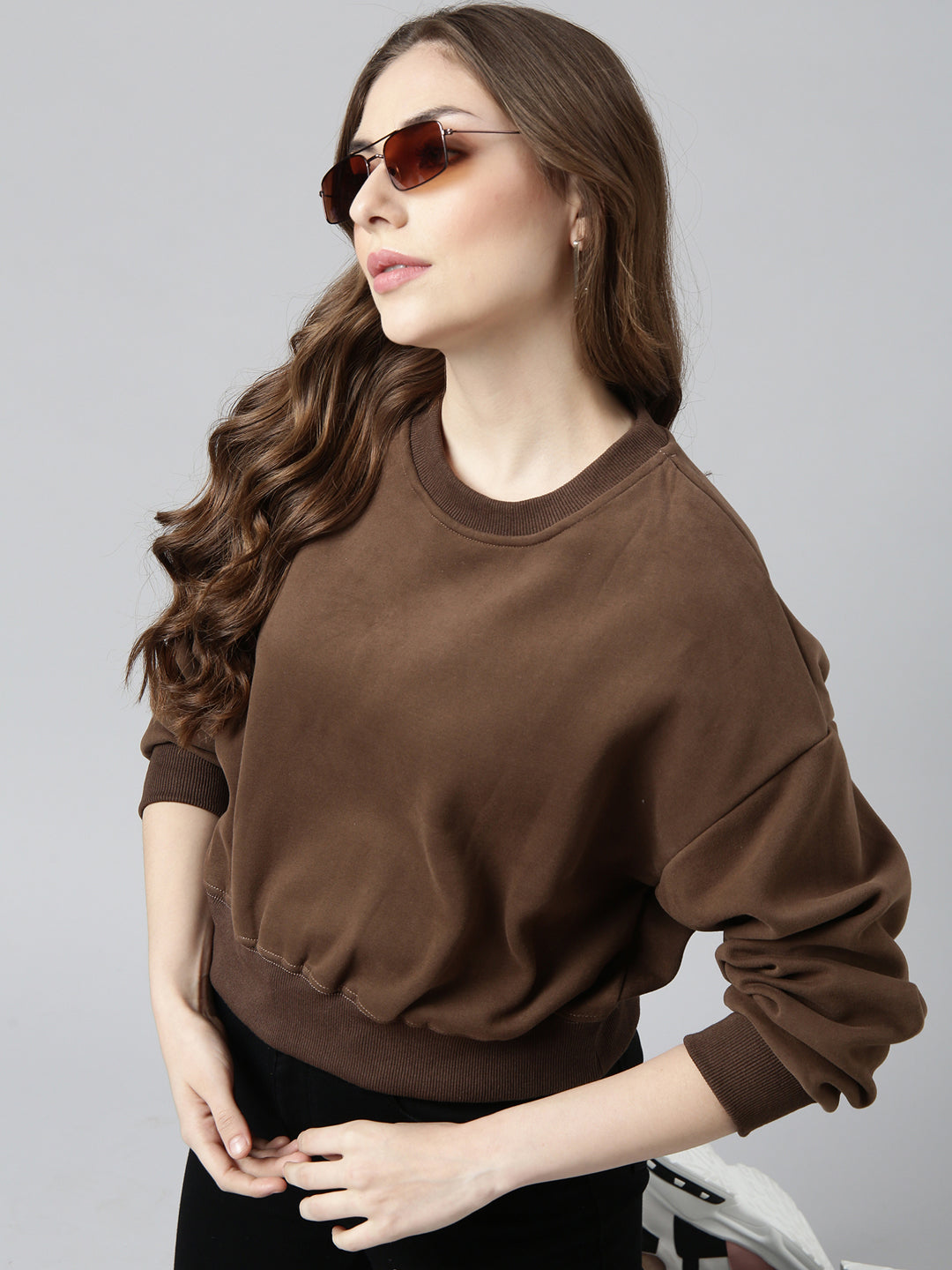 Women Brown Solid Pullover Sweatshirt