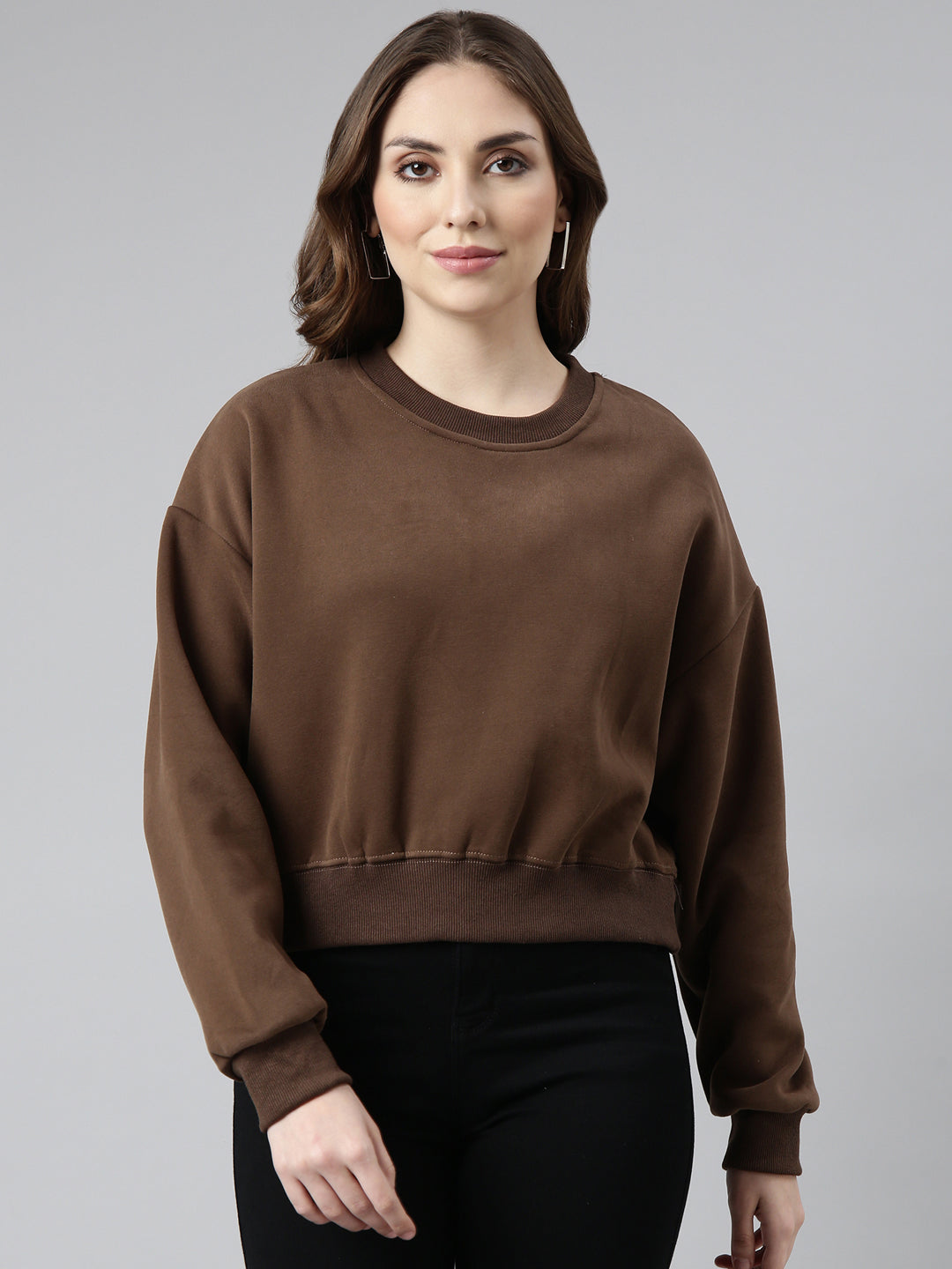 Women Brown Solid Pullover Sweatshirt