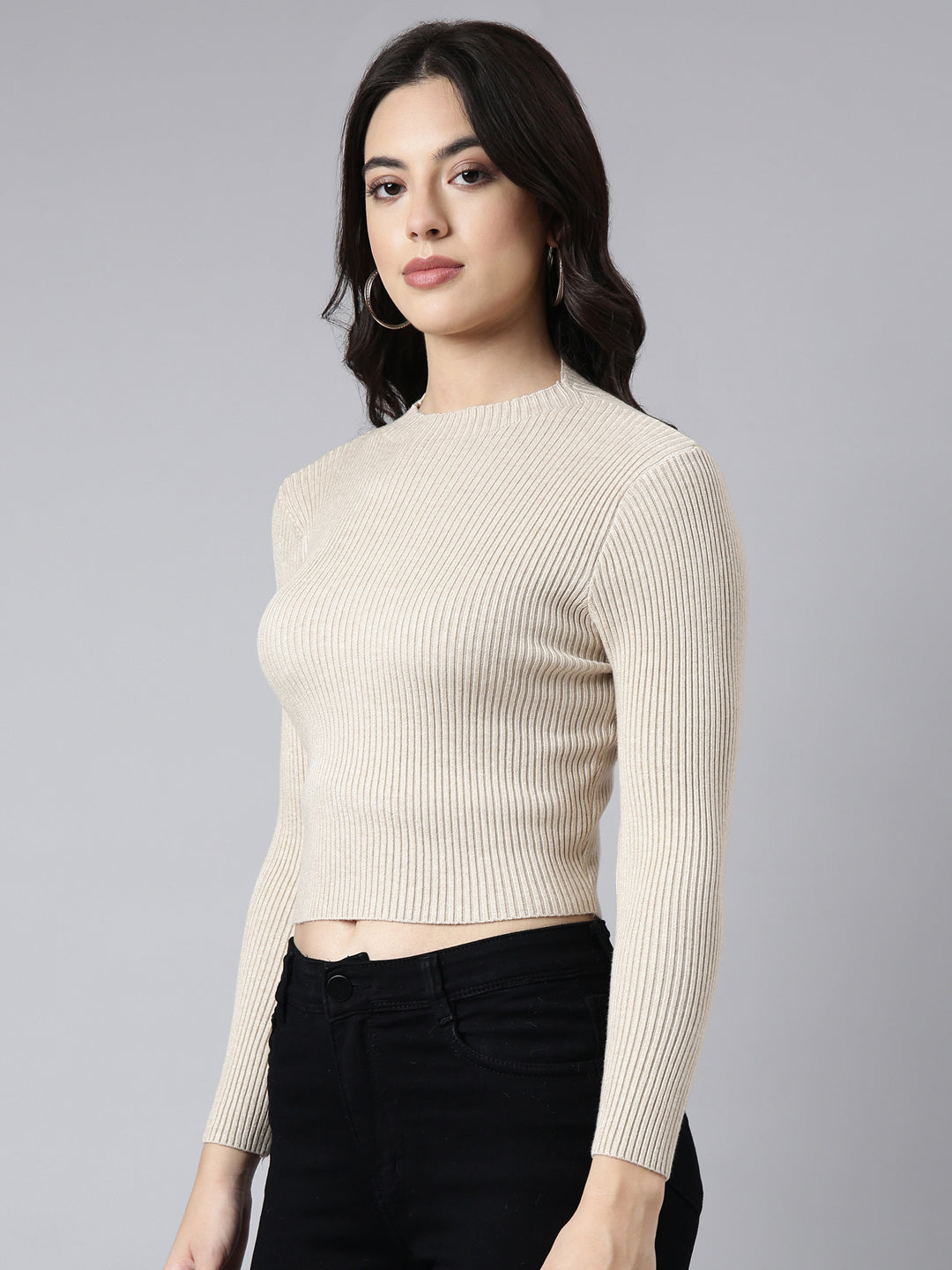 Women Solid Beige Fitted Top