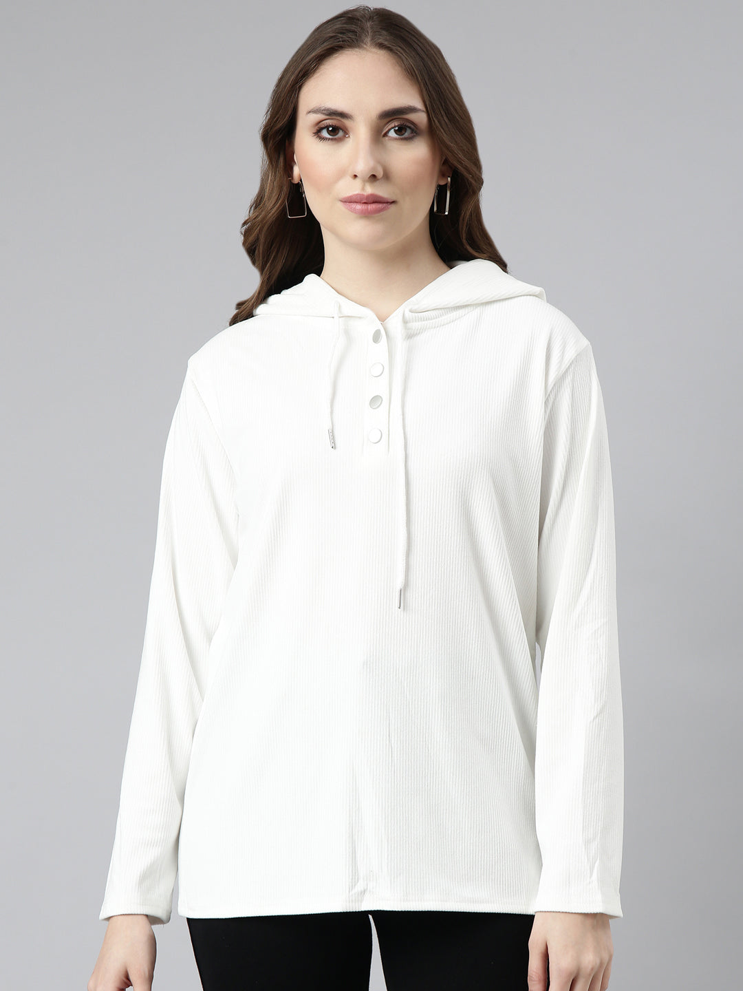 Women Off White Solid Pullover Sweatshirt