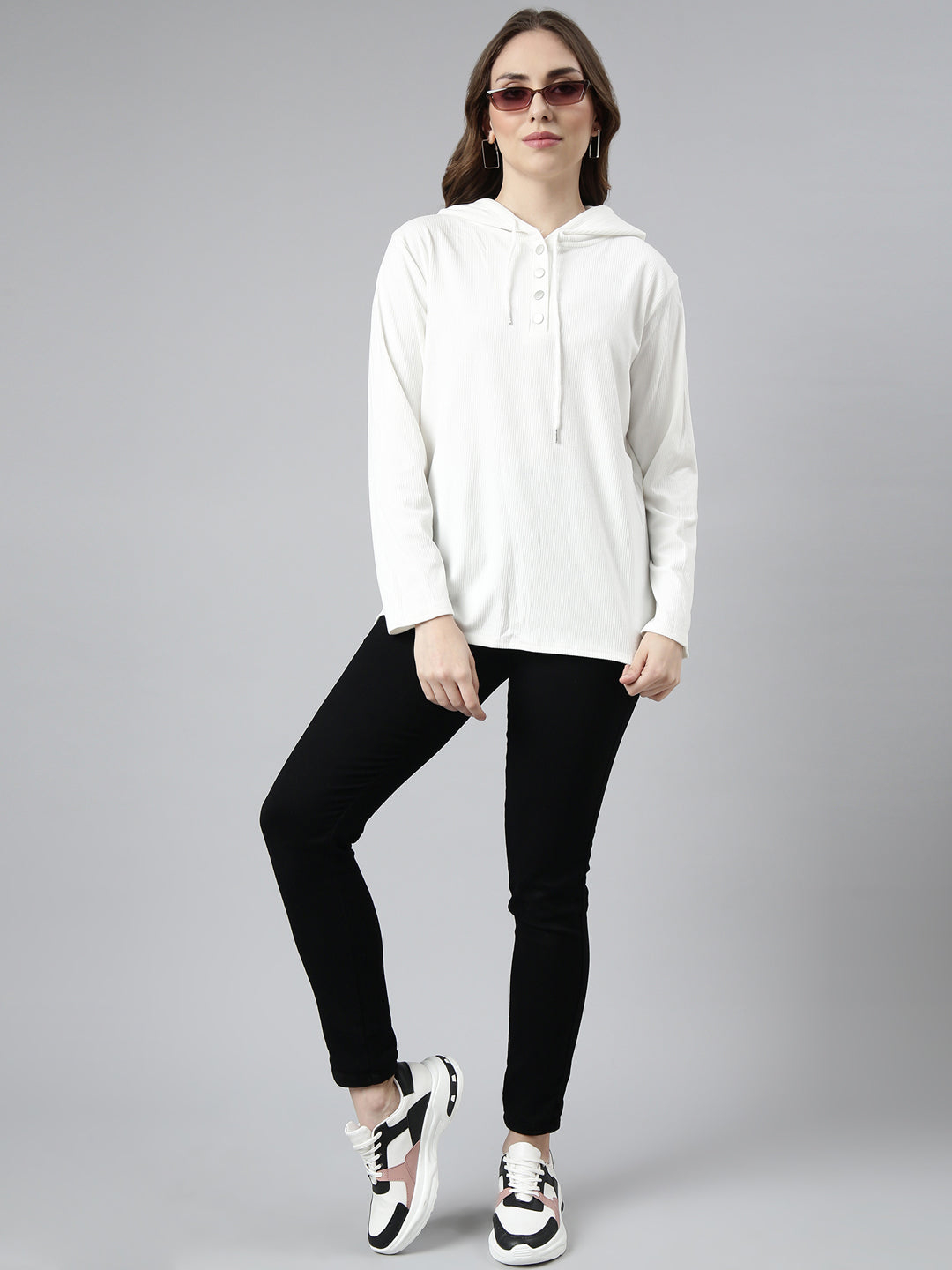 Women Off White Solid Pullover Sweatshirt