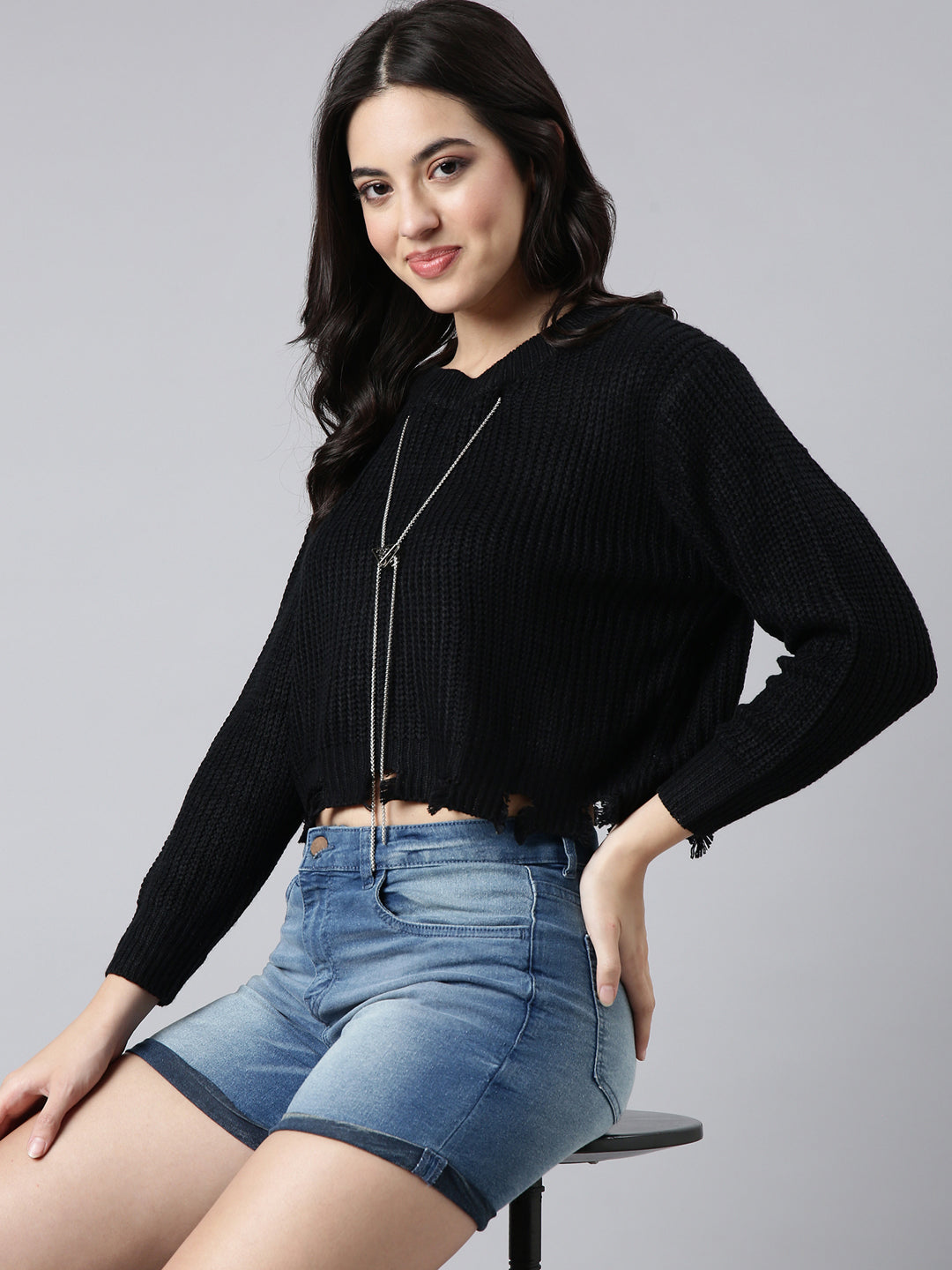 Women Solid Black Boxy Top Comes With Chain