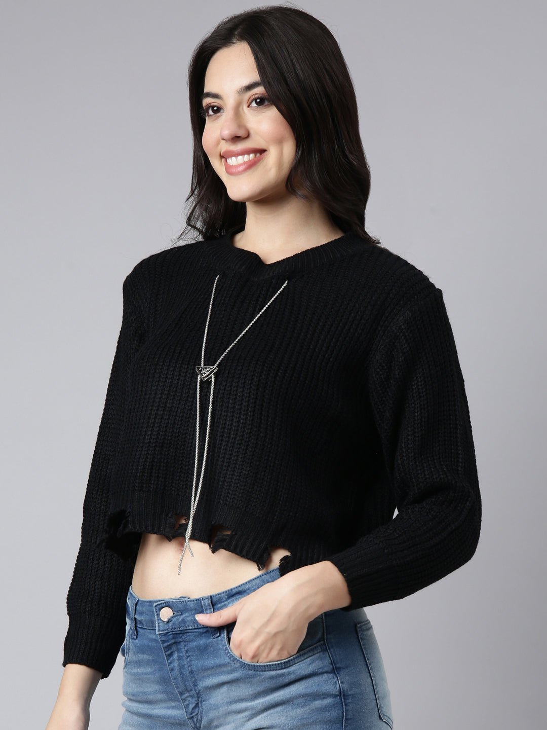 Women Solid Black Boxy Top Comes With Chain