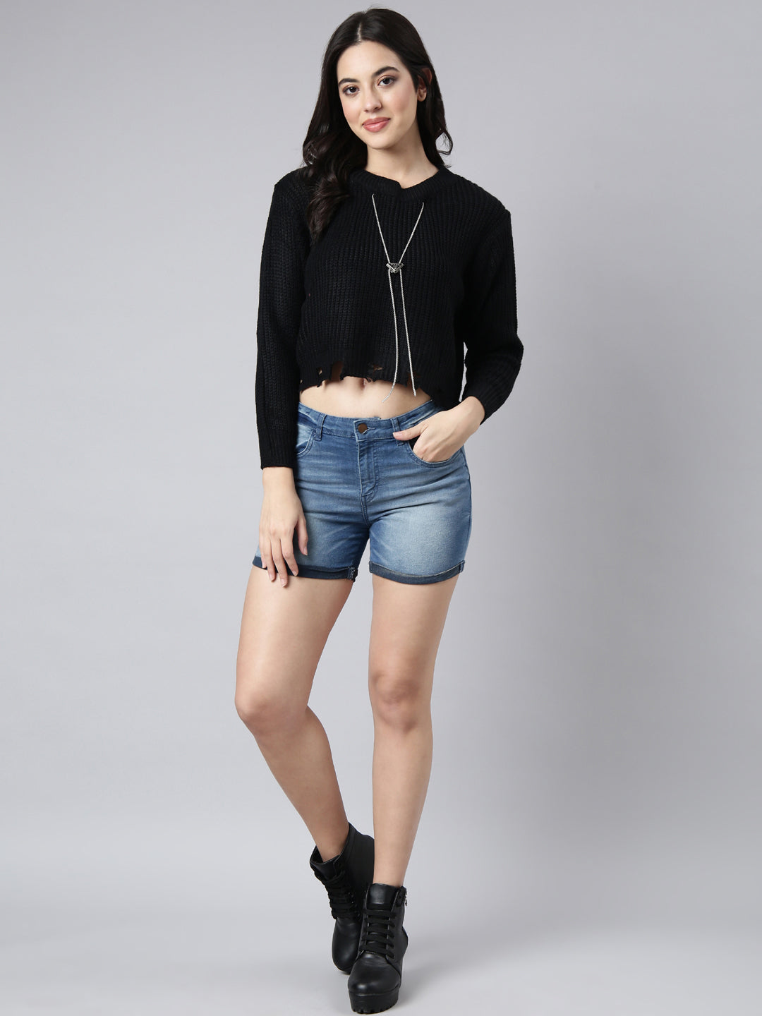 Women Solid Black Boxy Top Comes With Chain