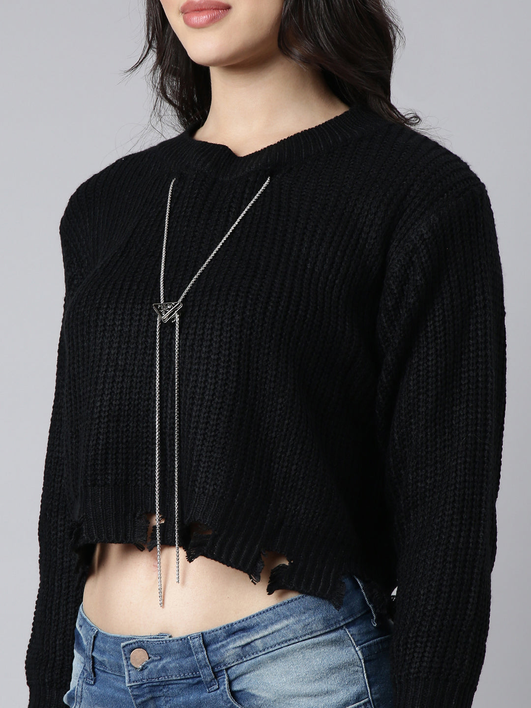 Women Solid Black Boxy Top Comes With Chain
